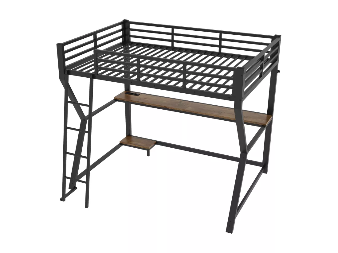 Lit mezzanine 90x200cm avec LED et prises - bureau + escalier - Noir