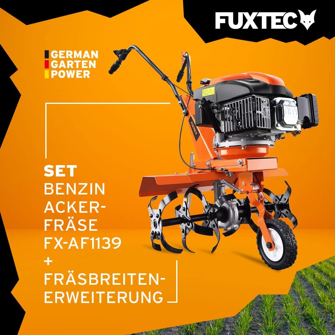 FUXTEC Benzin Gartenfräse Set FX-AF1139 inkl Breitenerweiterung Motorhacke Ackerfräse Bodenfräse Bodenhacke Kultivator mit Räder 139ccm 2,2KW