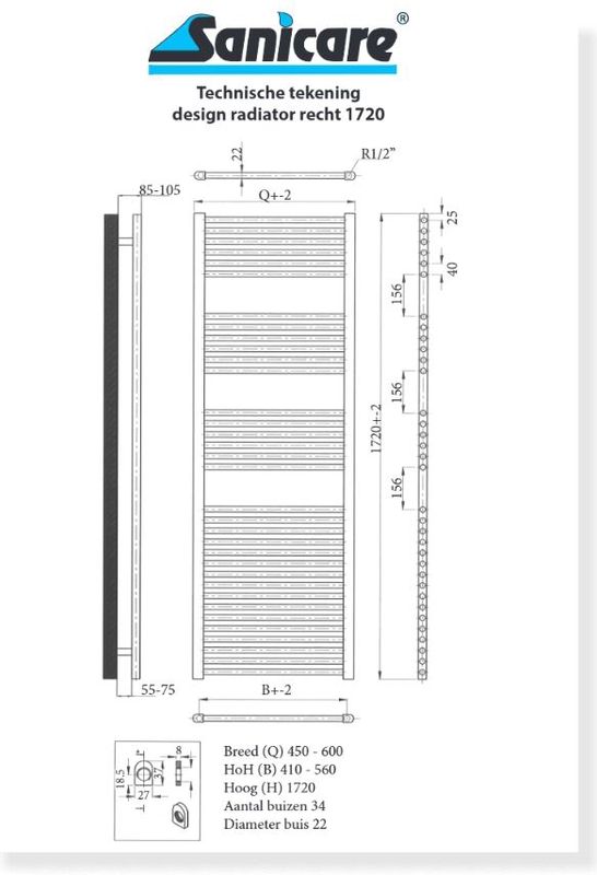 Sanicare - HVS - Elektrische Radiator - Wit - 60x172cm - Met Afstandsbediening en Thermostaat