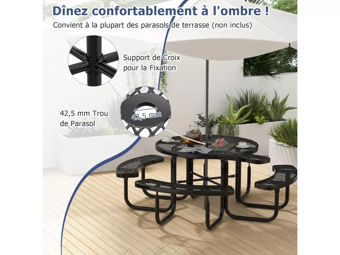 Ensemble Table de Pique-Nique Ronde avec 4 Bancs Intégrés pour 8 Personnes, Table de CamBoisg en Métal avec Sièges et Trou pour Parasol, pour Jardin Piscine, 202 x 75 cm, Noir