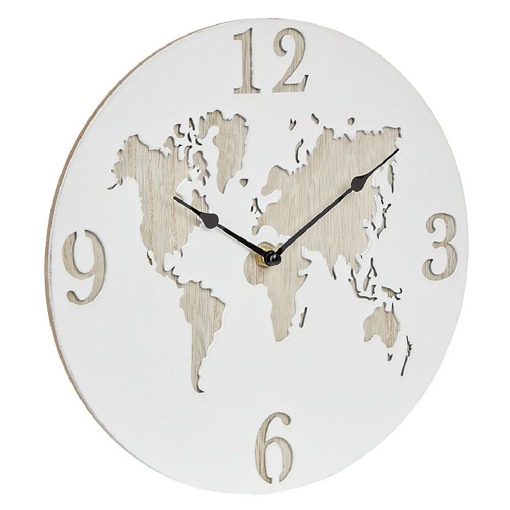 Horloge ronde design planisphère effet bois blanc naturel Ø30 cm