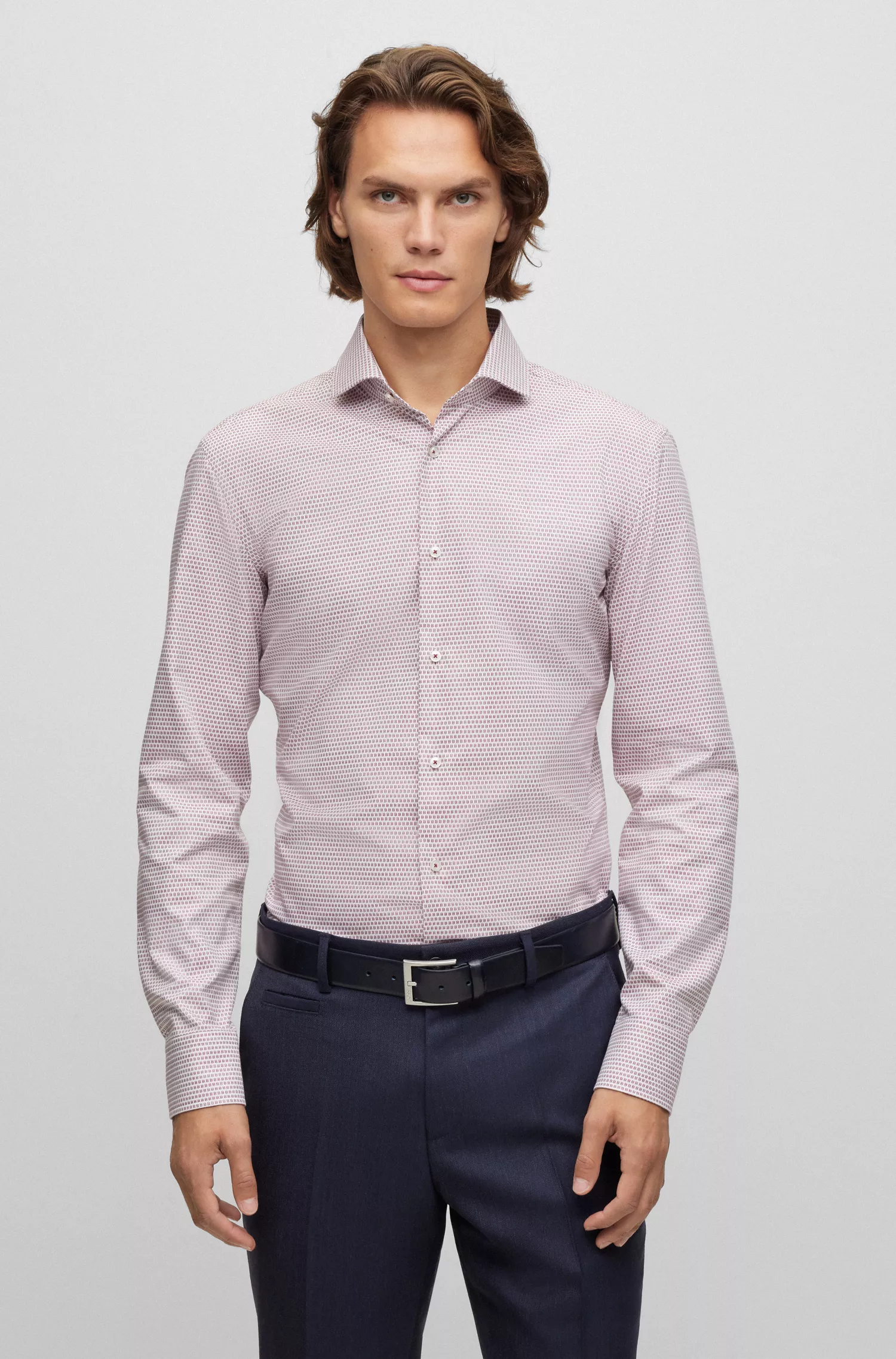 Camisa BOSS preta de corte slim em algodão dobby com monograma.