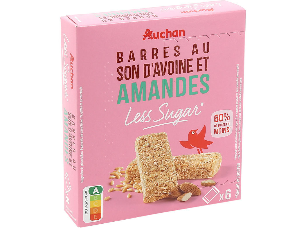 BARRAS CEREAIS AUCHAN LESS SUGAR AVEIA/AMÊND 6UN 180G
