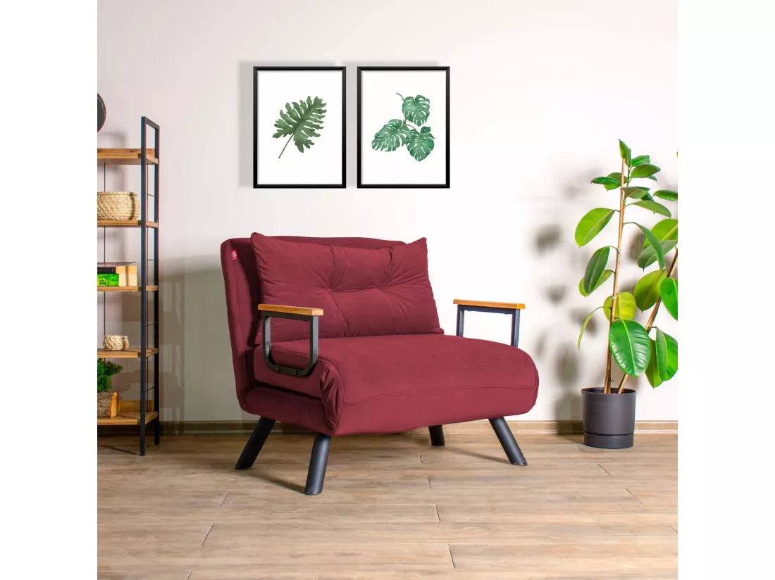 Fauteuil convertible Yolanda Métal Noir et Tissu Bordeaux