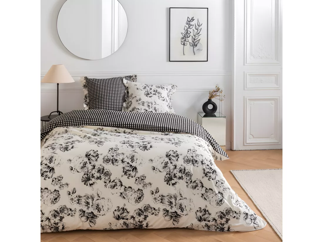 Parure de lit 2 personnes en coton 57 fils imprimé ecru 260x240cm