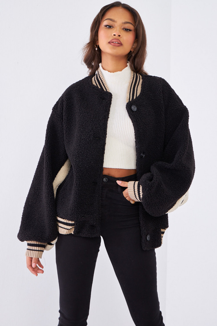Bomber noir en peau de mouton bicolor