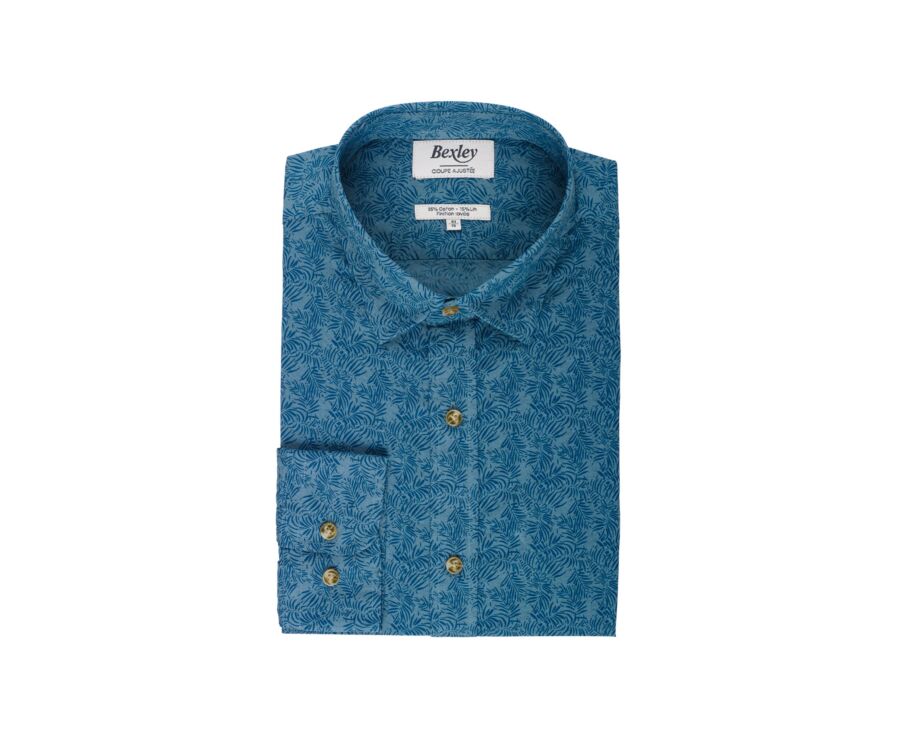 Chemise coton lin homme verte à motif tropical bleu - GOBERT