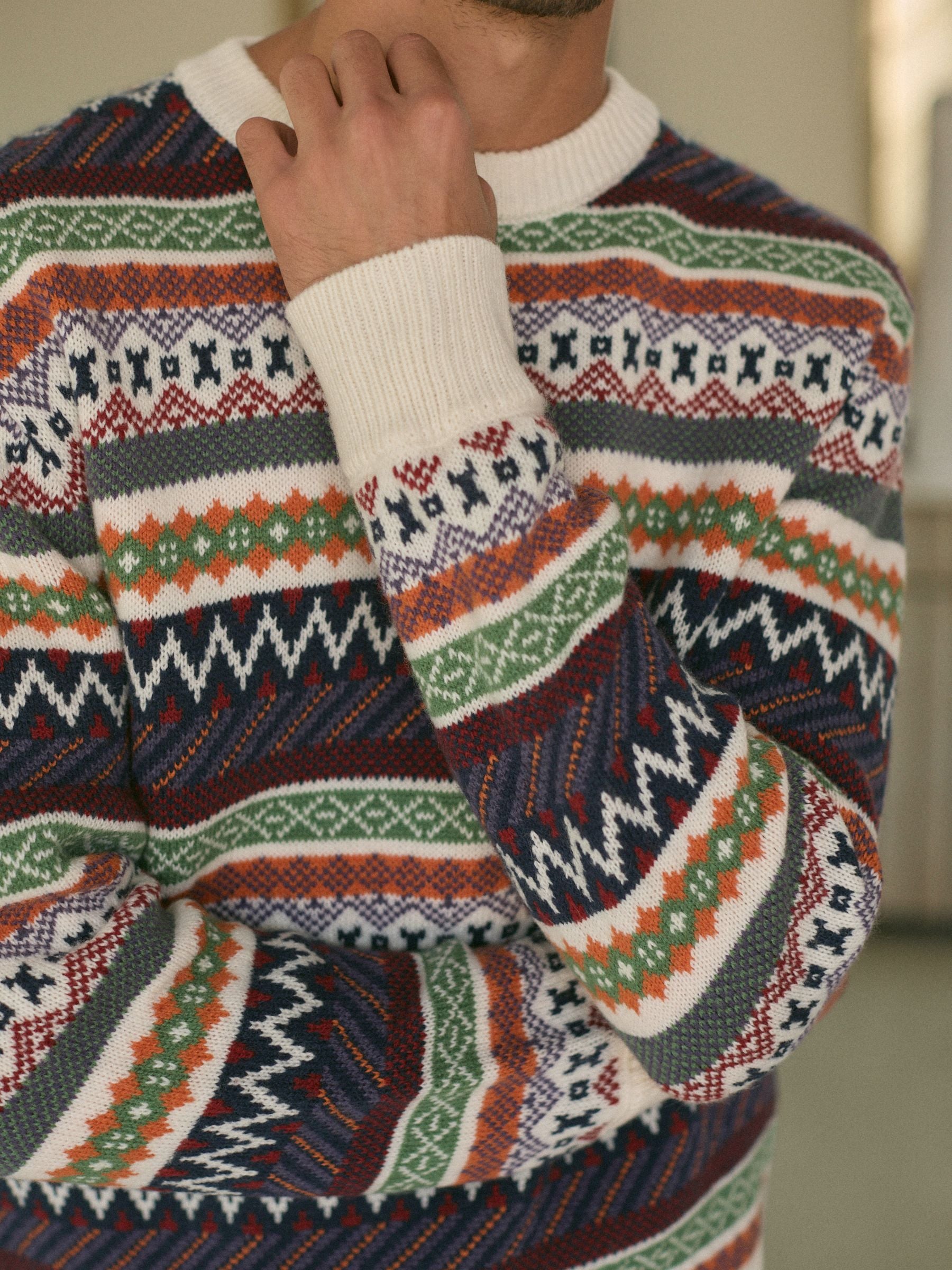 Meerkleurig/ecru-wit - Ronde hals - Regular-fit trui met fair isle-patroon en wol