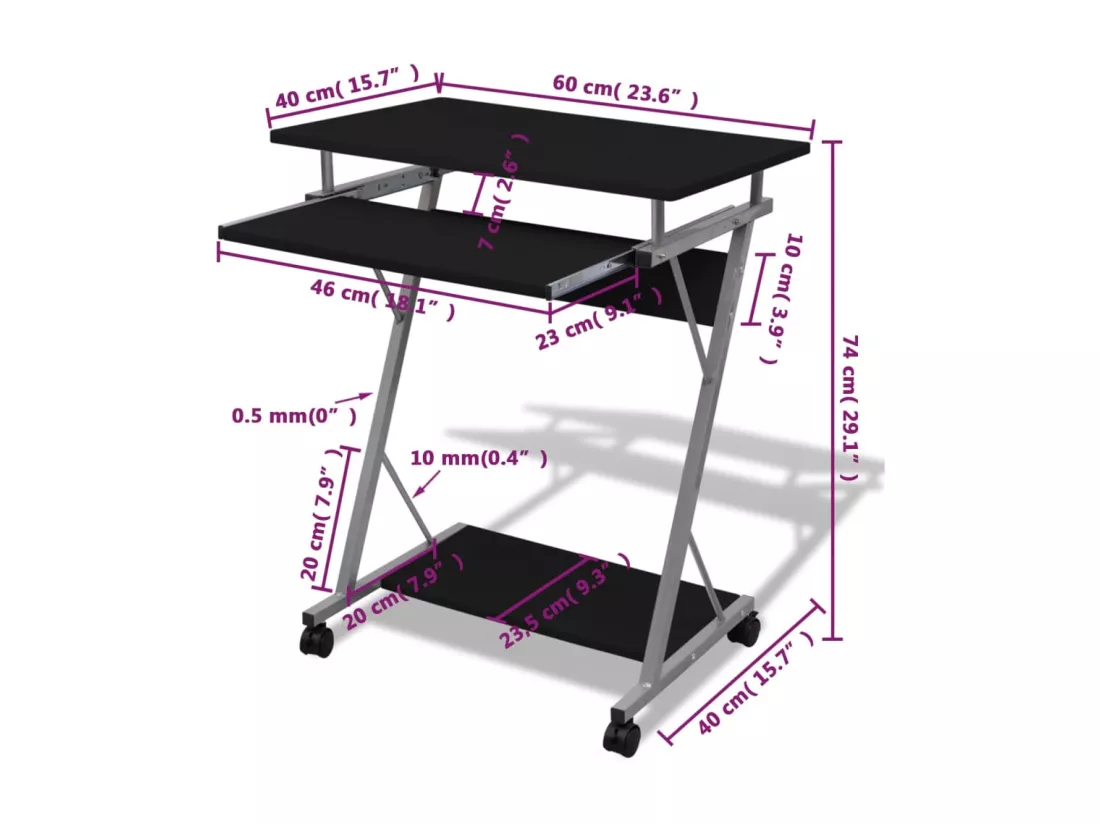 Bureau d'ordinateur compact avec plateau à clavier Noir