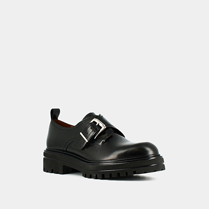 Derbies à boucles et semelles crantées  en cuir glacé noir