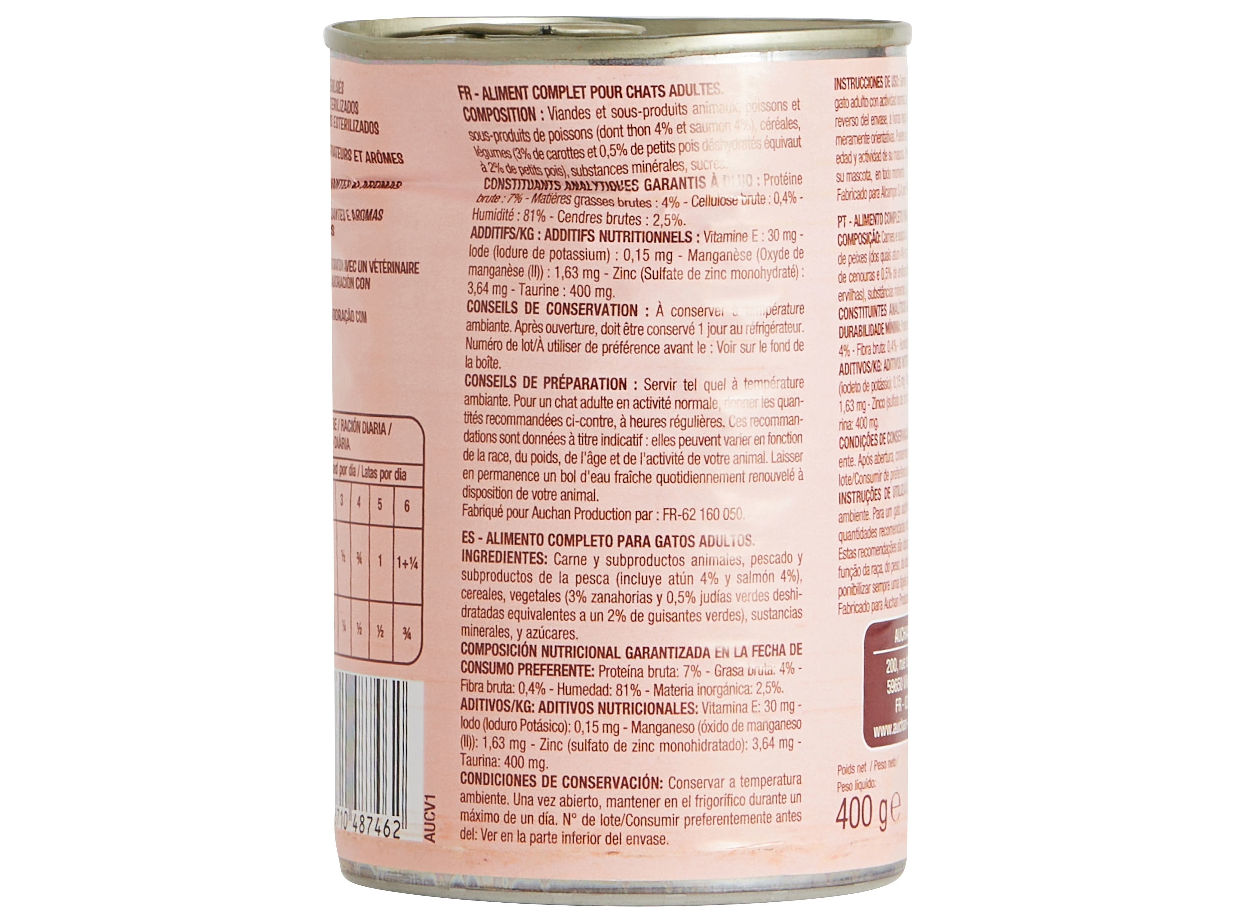 COMIDA HÚMIDA PARA GATO AUCHAN PEDAÇOS EM MOLHO COM ATUM COM SALMÃO E COM LEGUMES 400G