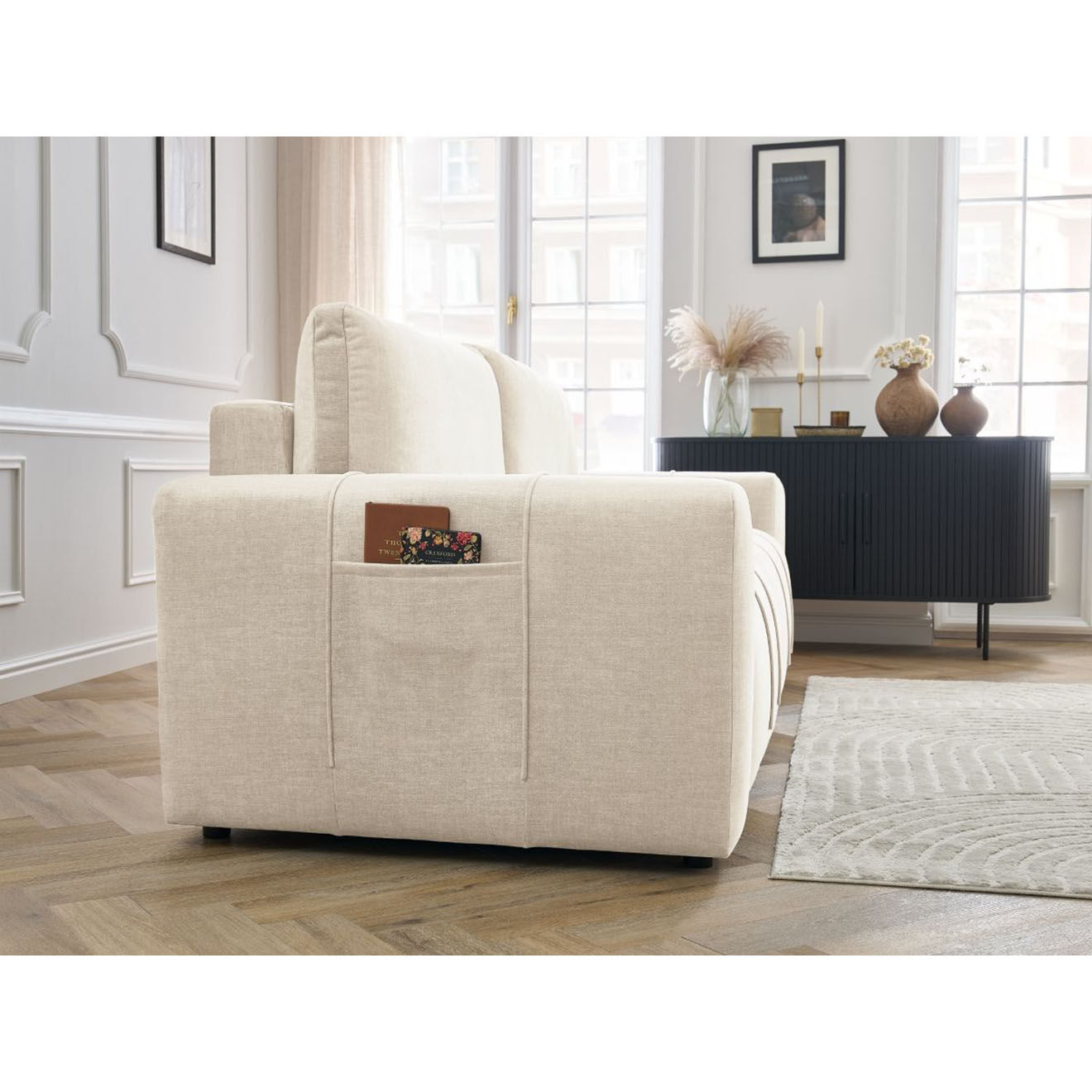 Bobochic Canapé droit convertible en Velours 3 places Arsène avec coffre beige - 248x105x90 cm