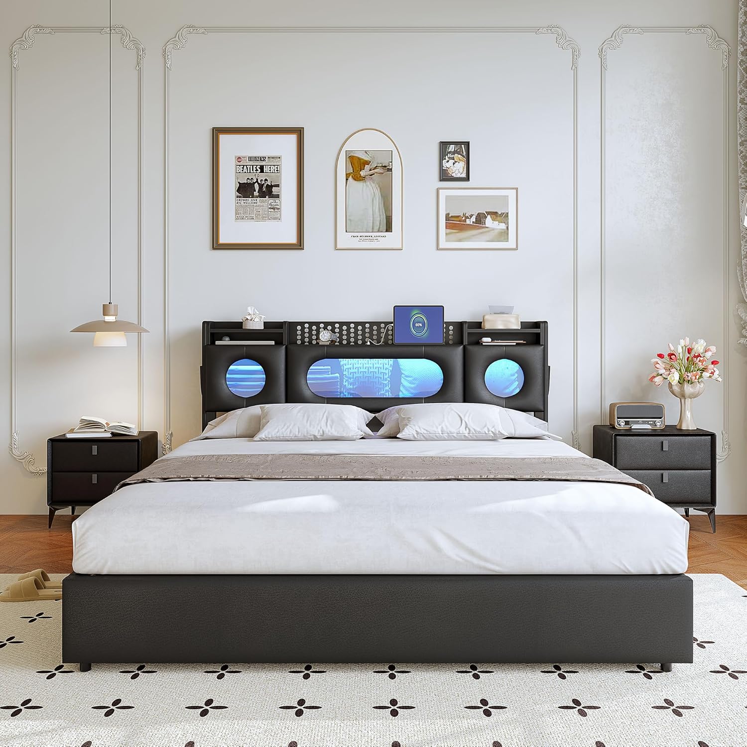 Boxspringbett 140x200 mit Stauraum, Schwarz Polsterbett Jugendbett mit USB/Type-C & LED-Beleuchtung, Versteckter Kopfteil-Stauraum & Lattenrost, Hydraulisch Doppelbett für Schlafzimmer(Ohne Matratze)