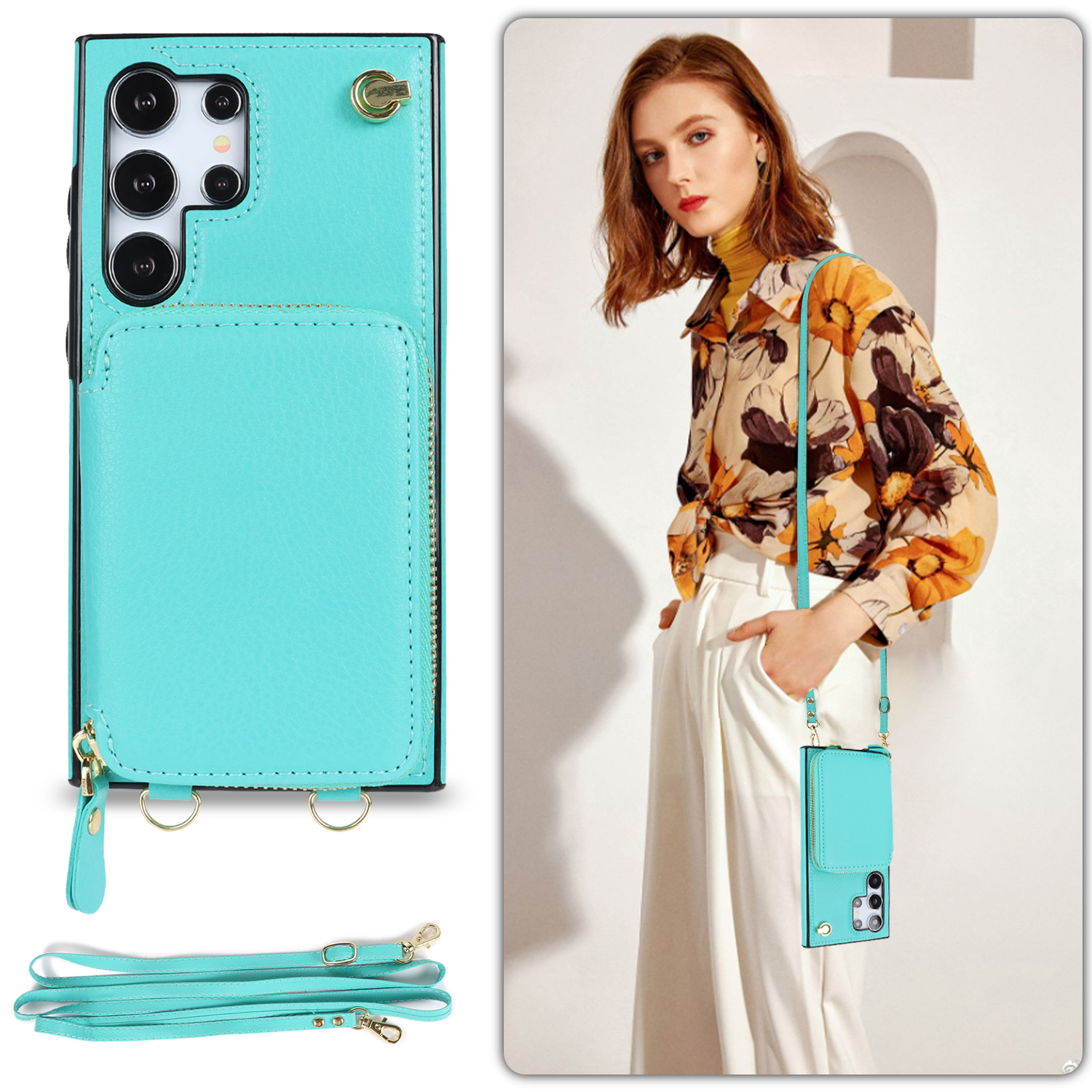 Samsung Galaxy S24 Ultra Necklace Leder Schutz Hülle mit Kartenfächer   Handykette (140cm) - Türkis
