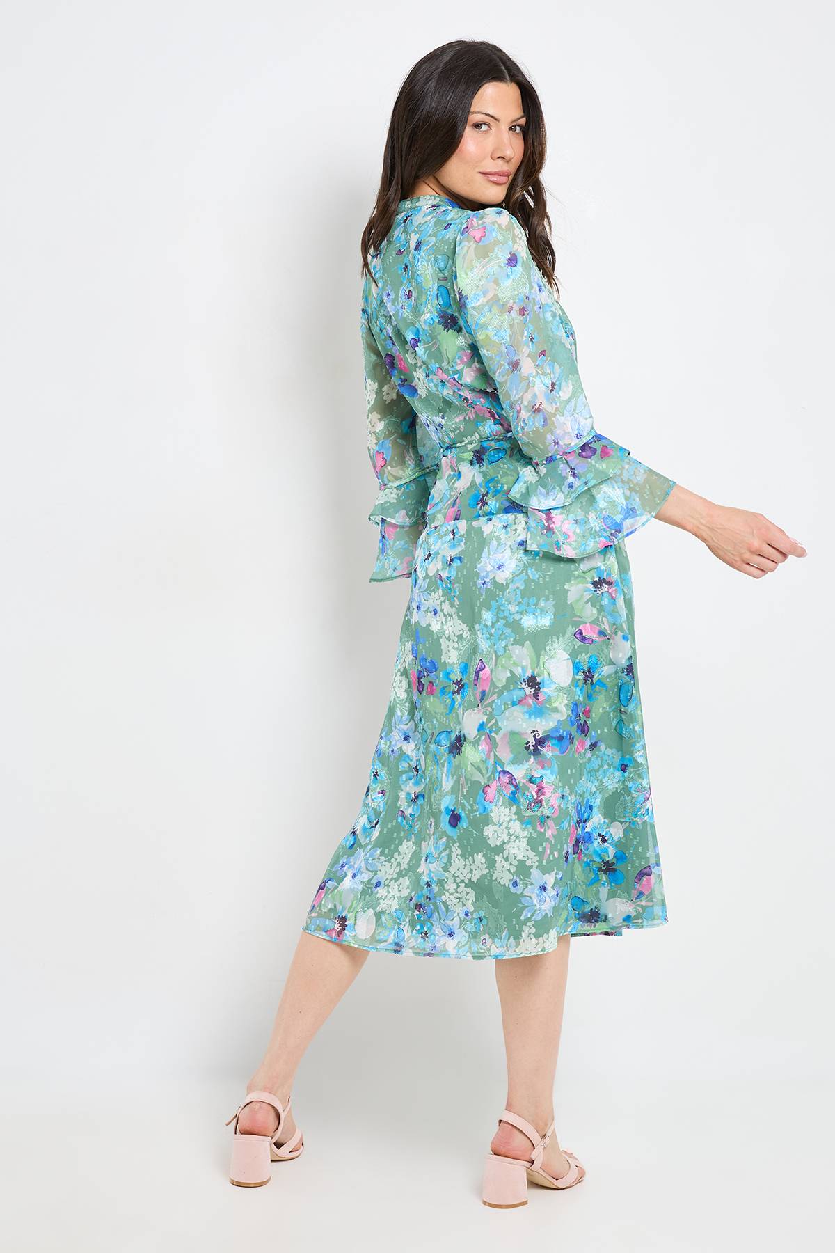 Wallis Robe Midi À Volants Et Motif Floral Dévoré