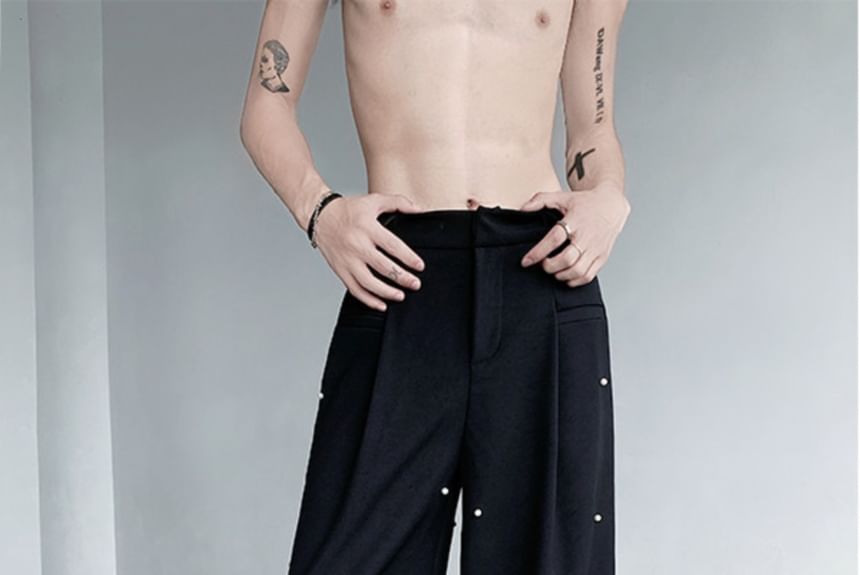 Freehop - Hoge taille, kralen, effen, wijde pijpen broek