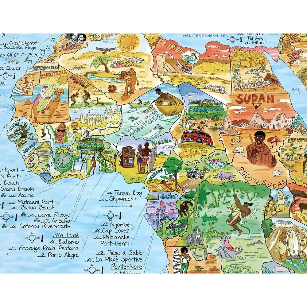 Mapa incrível da Surftrip: Melhores praias de surf do mundo - Edição original colorida.