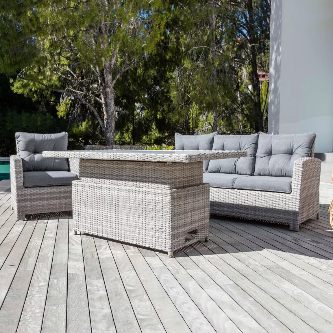 Table de jardin relevable en aluminium 7 places (145 x H51/72 cm) Tivoli Gris