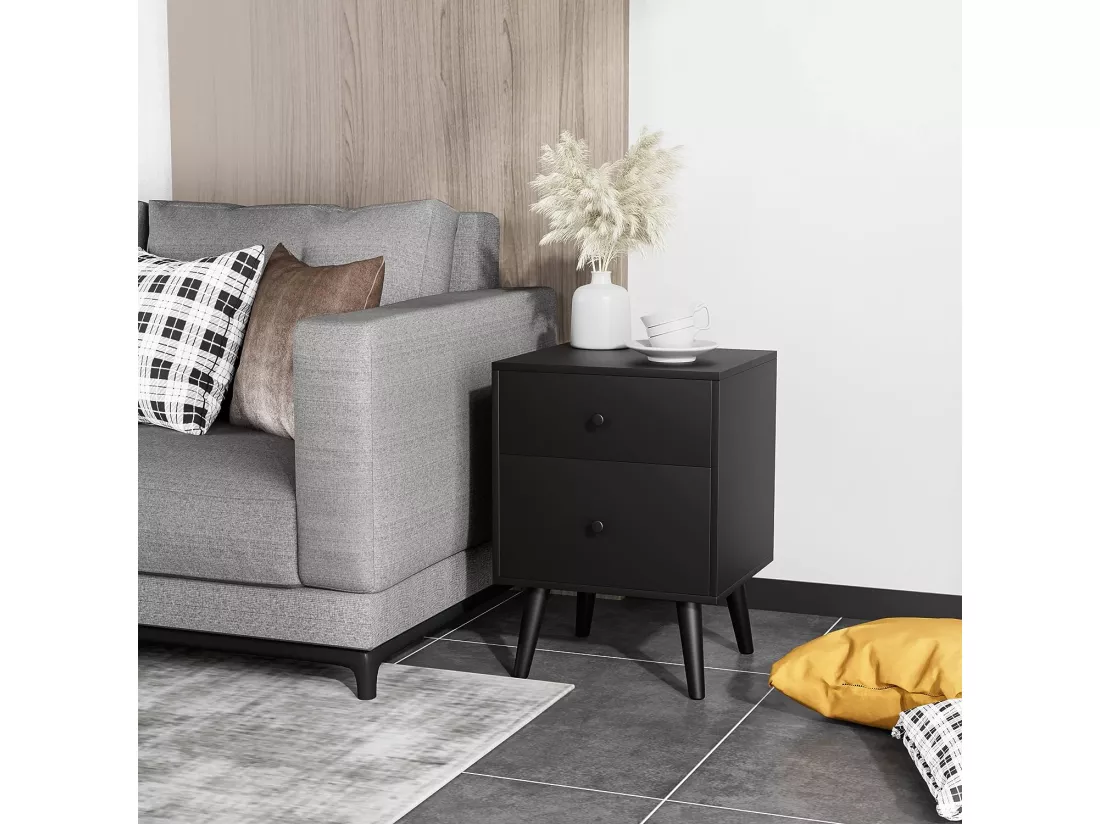 Table de Chevet, Table de Nuit à 2 Tiroirs en Bois d’Hévéa Massif de Style Moderne 45 x 39,5 x 62 CM, Noir