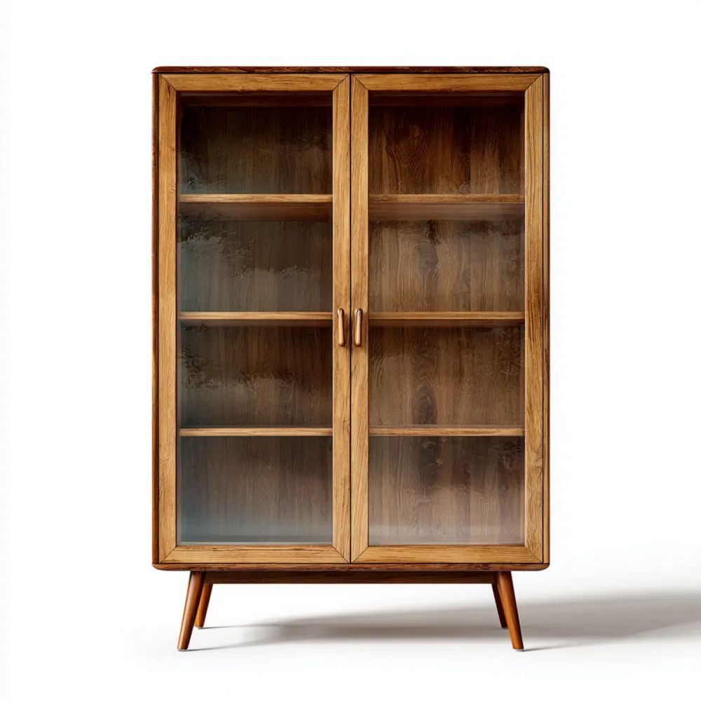 Vitrine Massivholz Glasfront 120x40x180 cm - Natur - Vintage Stil