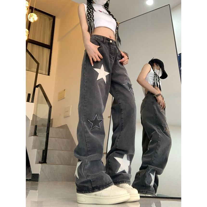 Wisjam - High Rise Star Patchwork Straight Leg Jeans