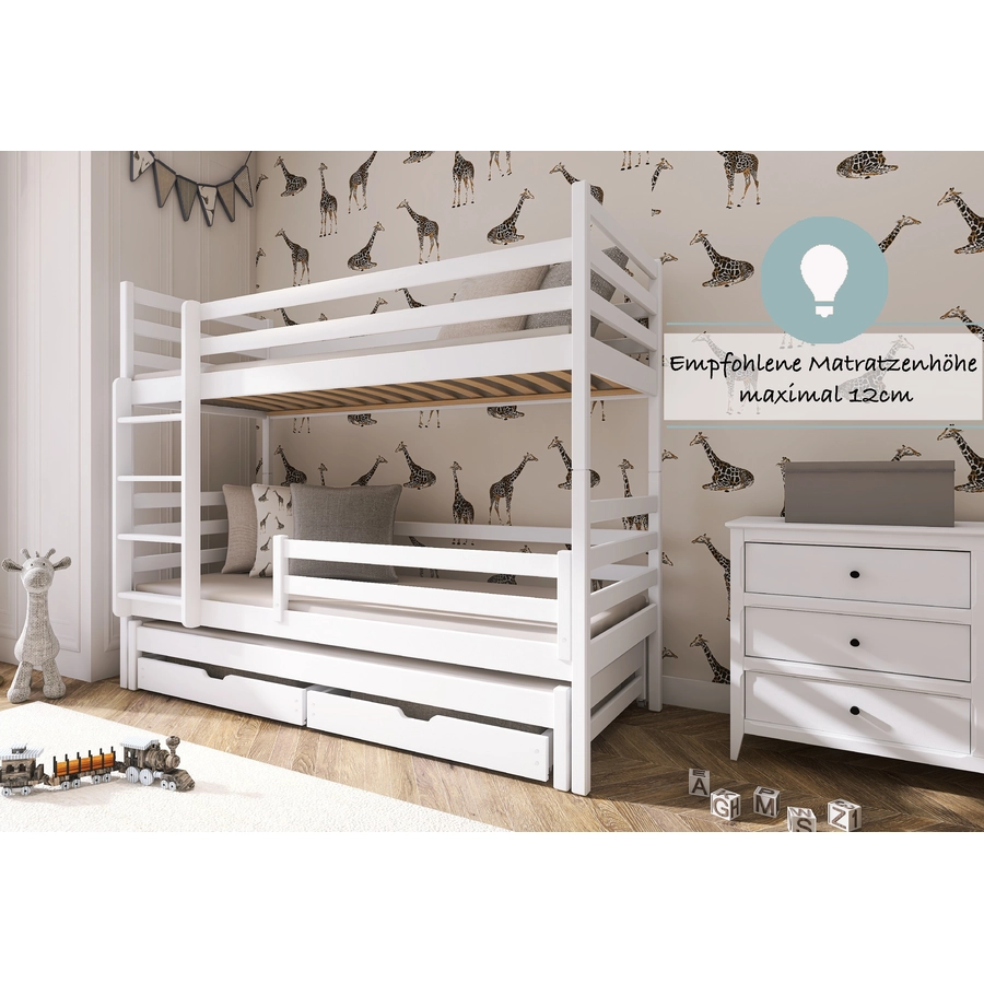 Kids Collective Hochbett 90x200 mit Ausziehbett Etagenbett mit Ausziehfunktion, Schubladen weiß mit 3 Matratzen