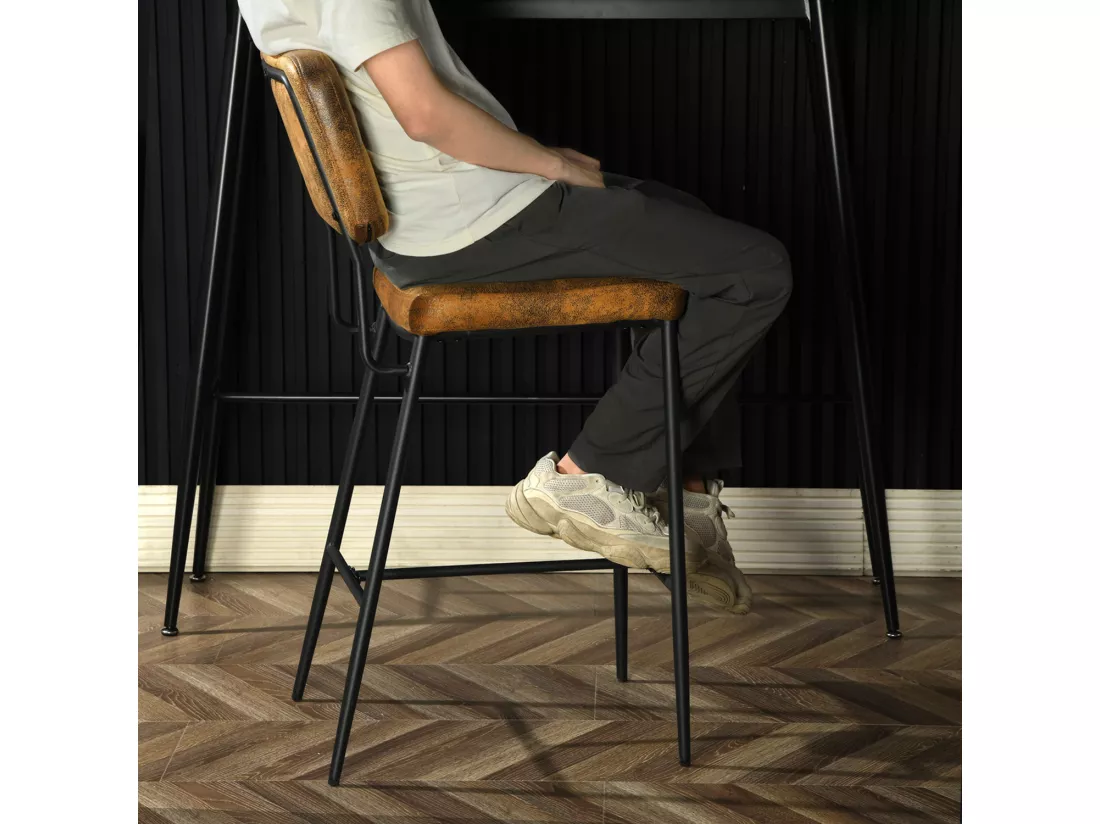 Lot De 2 Tabouret De Bar Industriel Avec Dossier Et Repose-pieds, Siège Rembourrés Marron