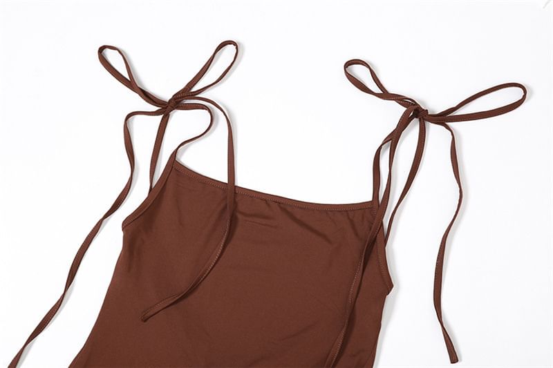 Jeshili - Spaghettibandjes Vierkante Hals Effen Gerimpelde Open Rug Maxi Bodycon Jurk