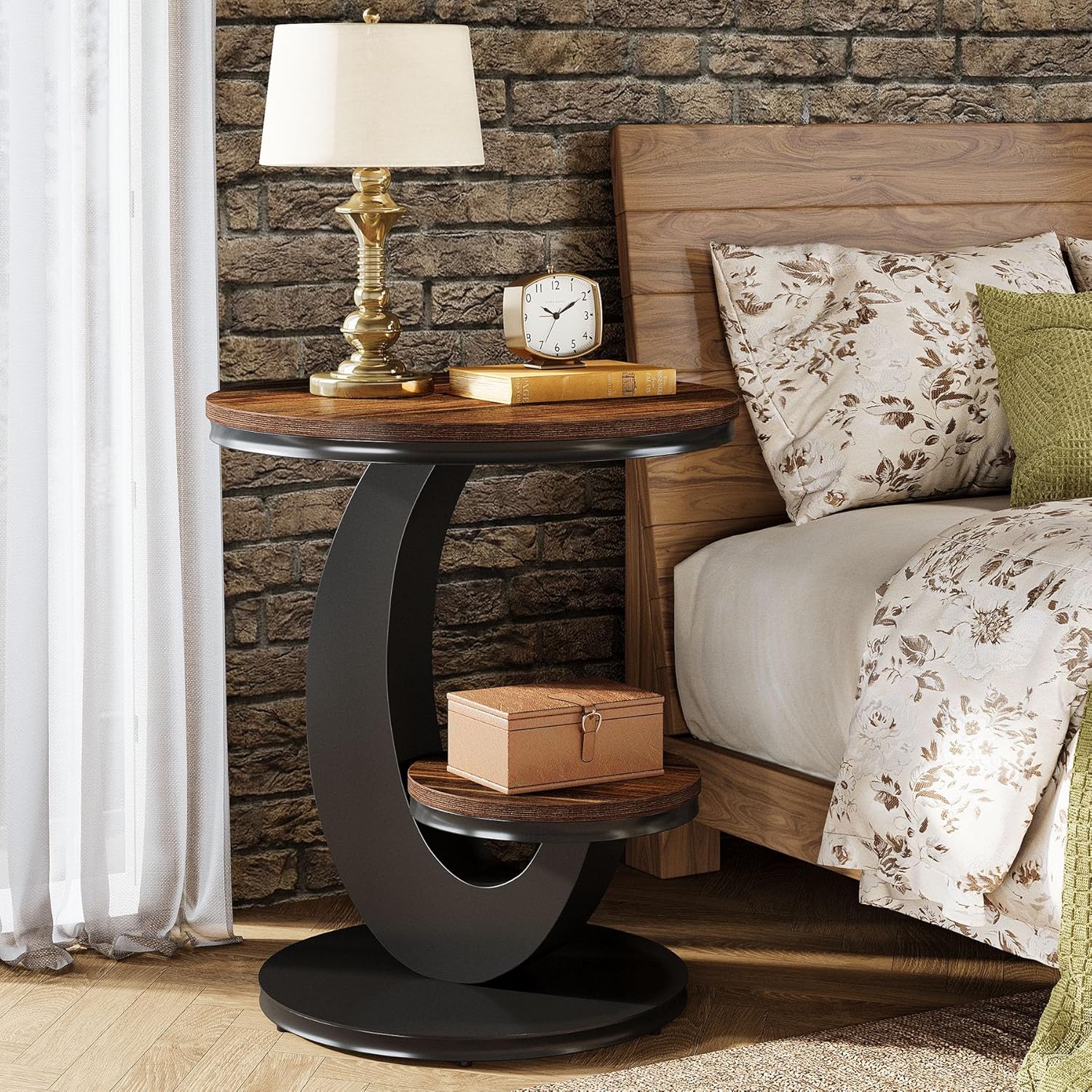 Tribesigns Beistelltisch rund, 2-Tier Schmal Couchtisch, Sofatisch Nachttisch mit Holz-Metall-Bogengestell, Industrie-Design für kleine Räume, Wohnzimmer, Schlafzimmer, Braun (1 Stück)