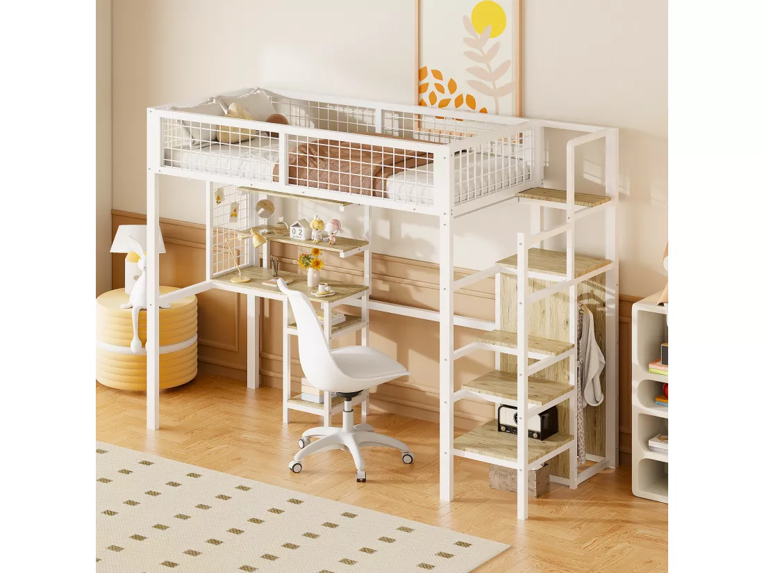 Lit mezzanine 90x200 cm avec bureau, étagères, escalier et armoire - cadre en métal - Blanc
