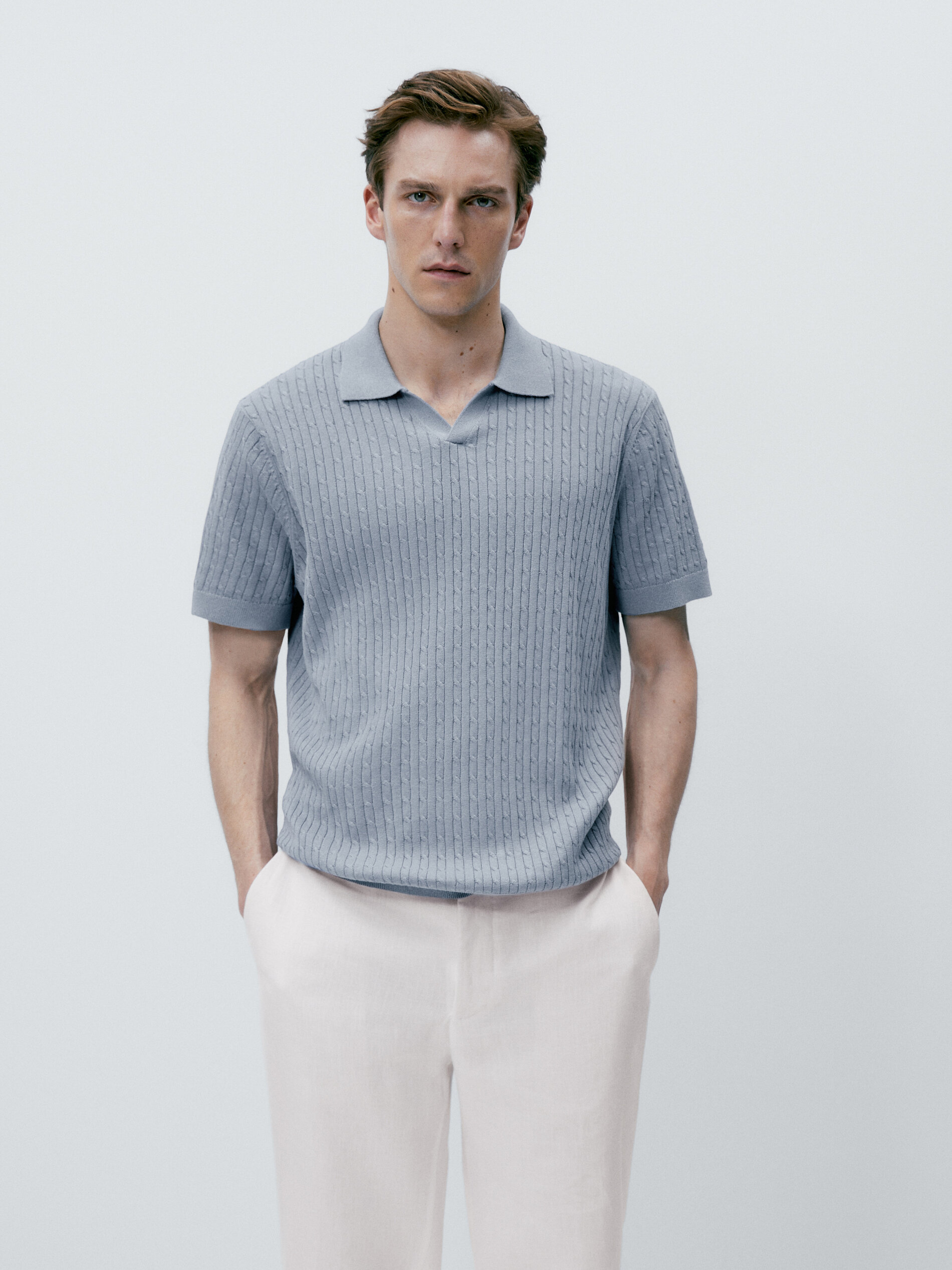 Camisa polo de malha trançada - AZUL