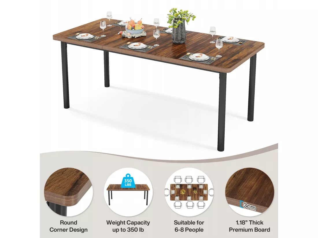 Table à manger de 180 cm avec pieds en métal épais, Grand bureau d'ordinateur, Table de travail pour l'écriture à domicile, le travail, le bureau à domicile, le salon, marron rustique