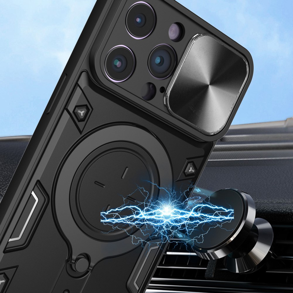 iPhone 15 Pro Hybrid Outdoor Hardcase Hülle mit Cam-Slider   Magnetischer Kickstand - Schwarz