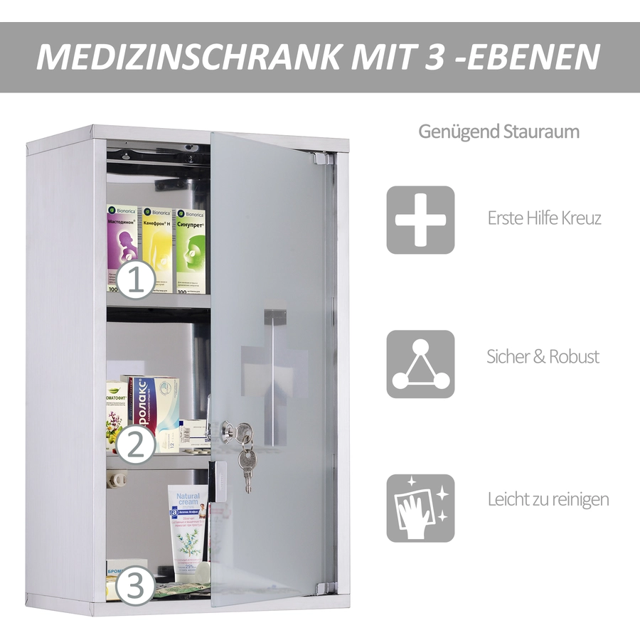 HOMCOM Medizinschrank mit 3 Fächer silber
