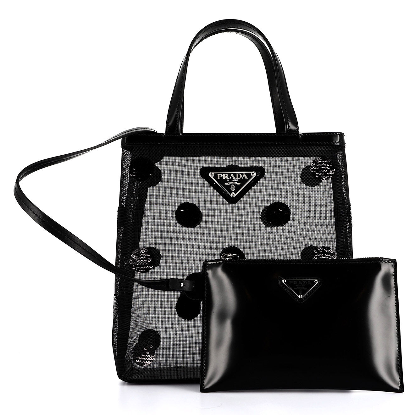 Prada Sac à main Petit Cabas en Résille et Sequins noir Etat: Parfait état - Longueur 21 cm