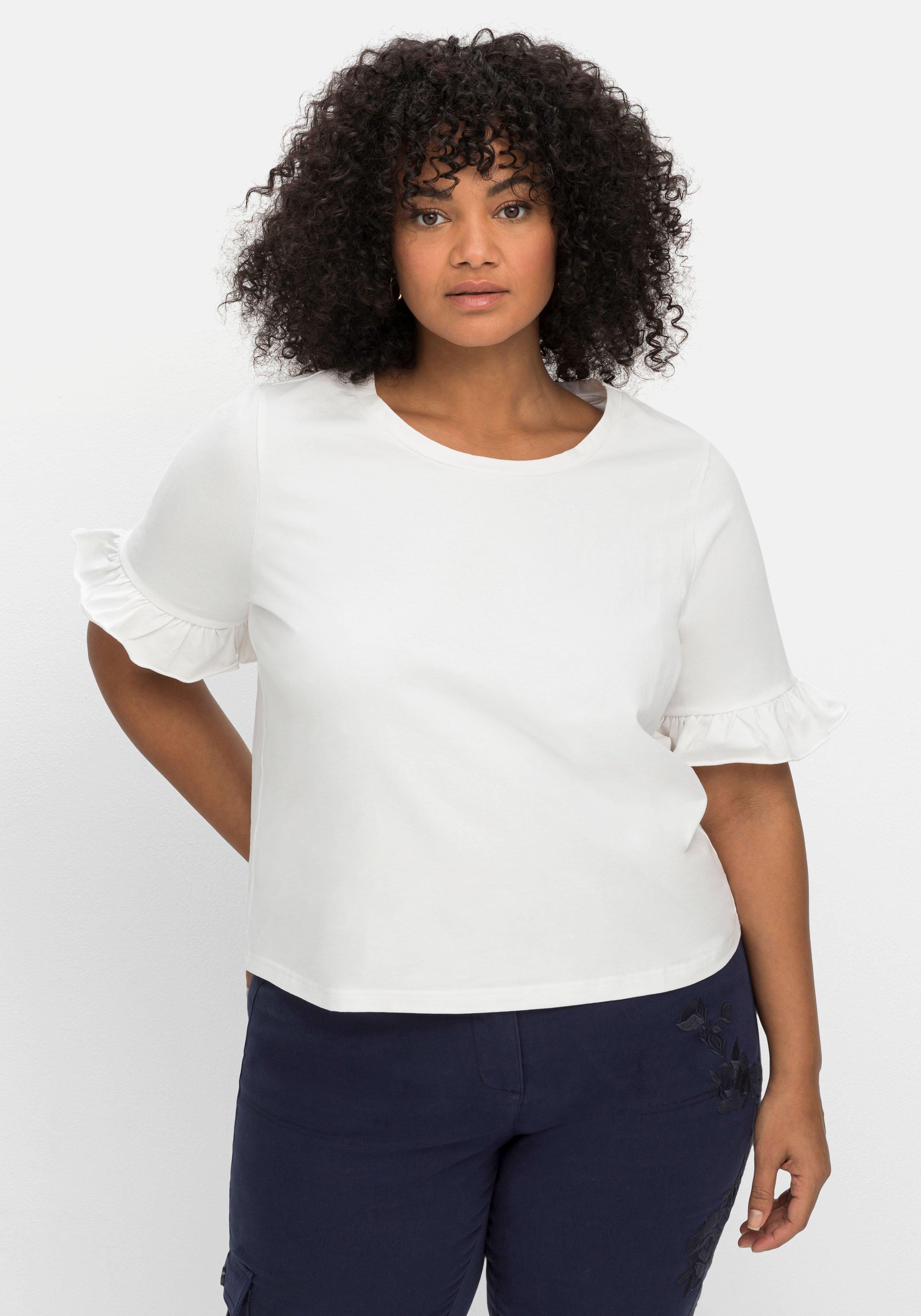 Kurzarmshirt mit Rüsche am Arm, leicht transparent