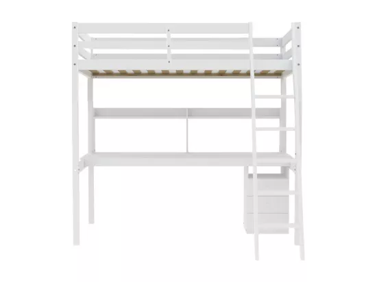 Lit mezzanine STUDIO 90x190 + 1 sommier + caisson 3 tiroirs + bureau + étagère / Blanc