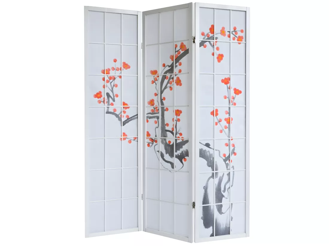 Paravent 3 panneaux japonais bois blanche 132 x 2.2 x 175 cm PAR06016