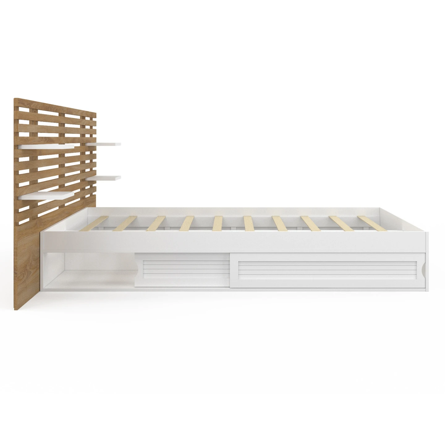 Lit double SAVANA avec tête de lit, chevets, rangements et sommier 140 x 190 cm blanc et façon hêtre