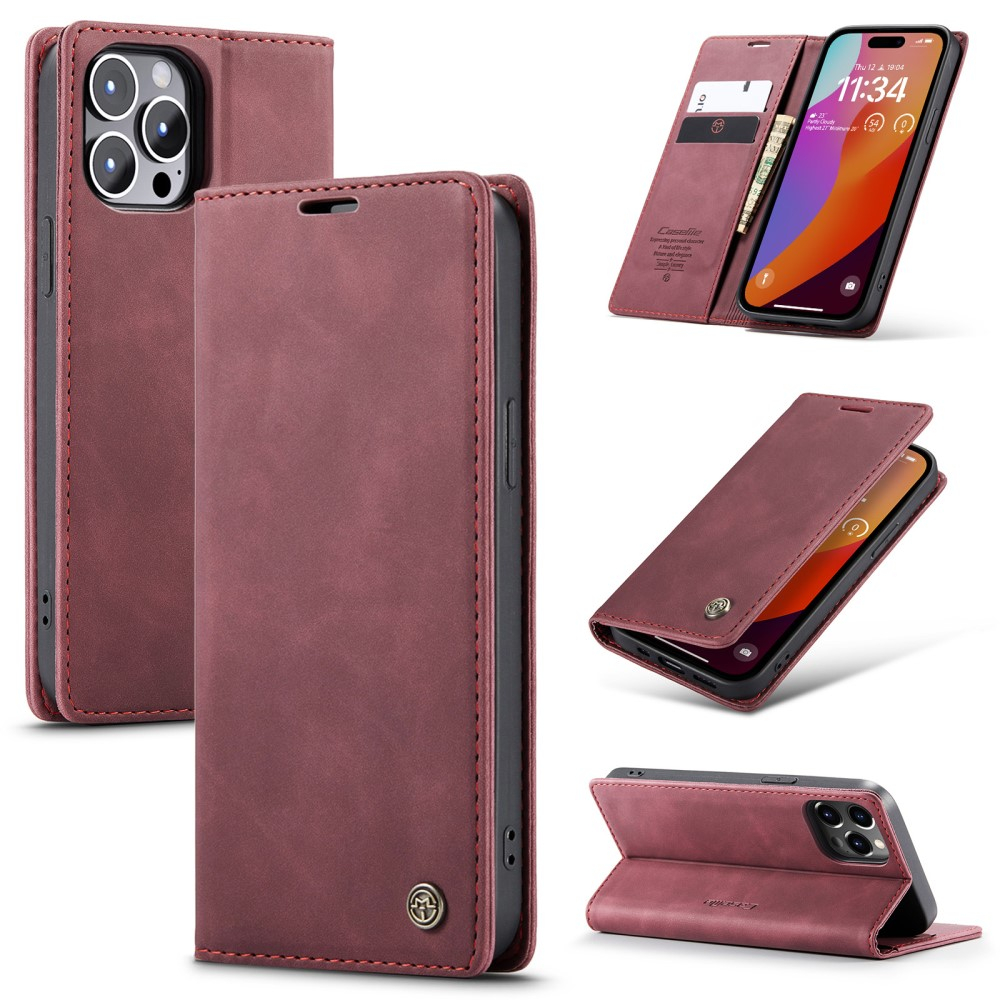 iPhone 16 Pro Max Leder Tasche Flip Wallet Etui mit Kartenfächern - Dunkelrot