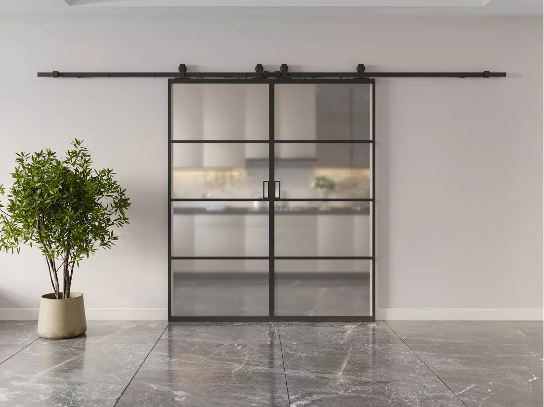 Porte coulissante double avec système en applique - aluminium et verre trempé dépoli - 2 x H205 x L73 cm - SINCA II