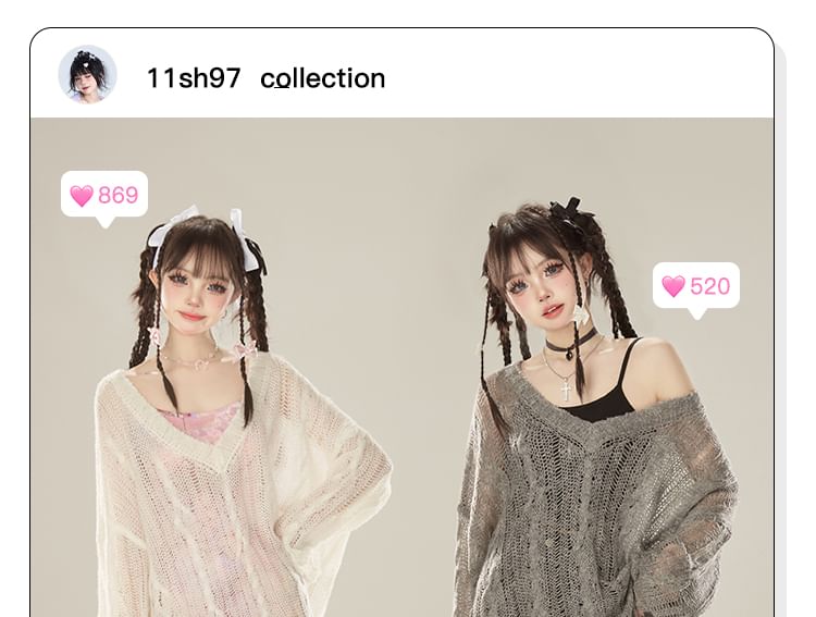KUMI - Lange mouwen, effen gebreide top met distressed effect