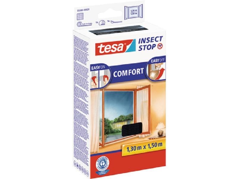 tesa Fliegengitter -Set Comfort, 2x 1.3 m x 1.5 m, Anthrazi Insektenschutz Insect Stop mit selbstklebendem Klettband für Fenster, 2er-Pack