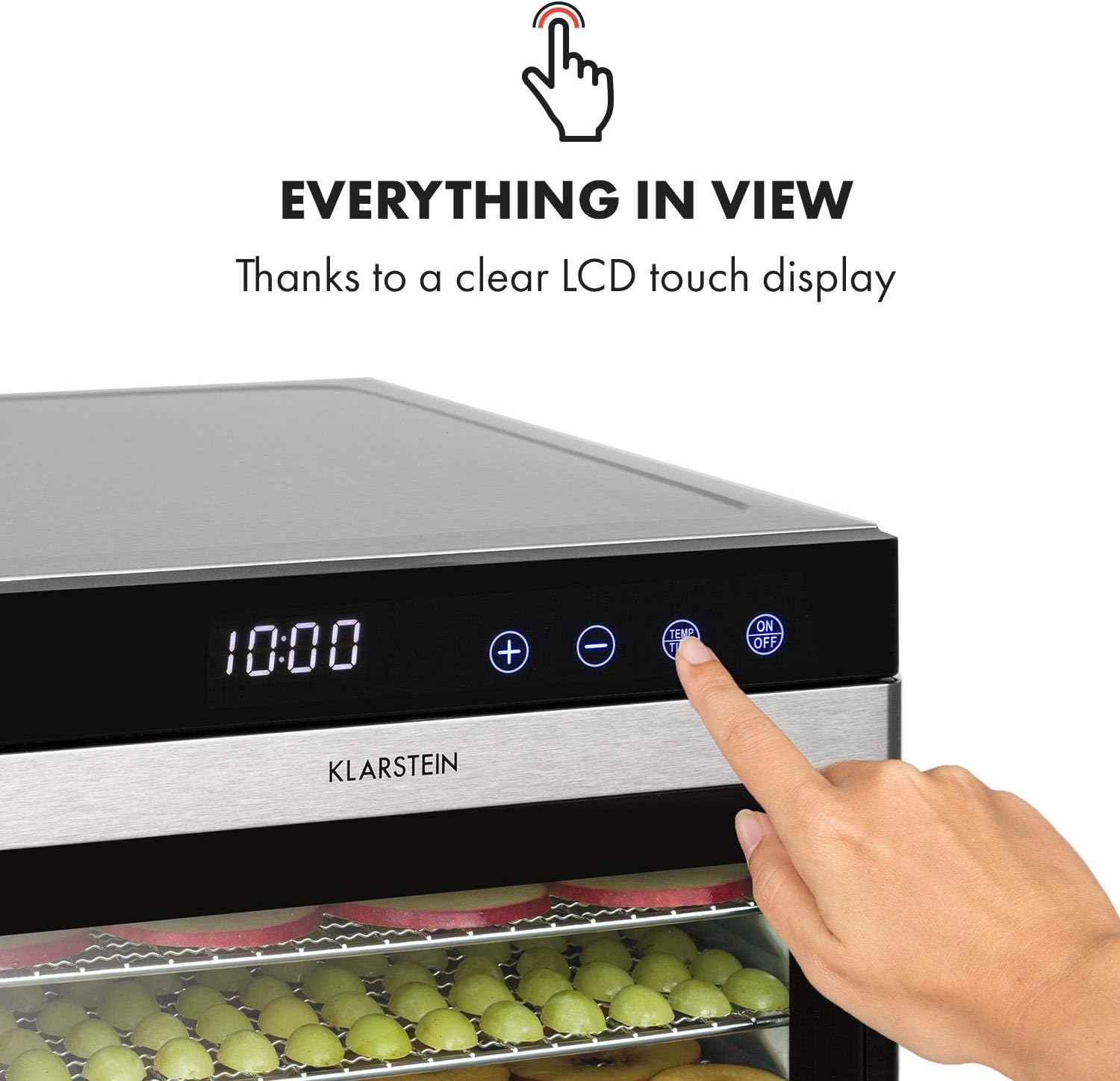 Klarstein Flavour Dry Dörrautomat Mit Edelstahl-Gehäuse, 6 Ablagegitter, LCD-Touch-Display, Timer, 360° Airflow Circulation, Digitaler Thermostat, 35-75 C°