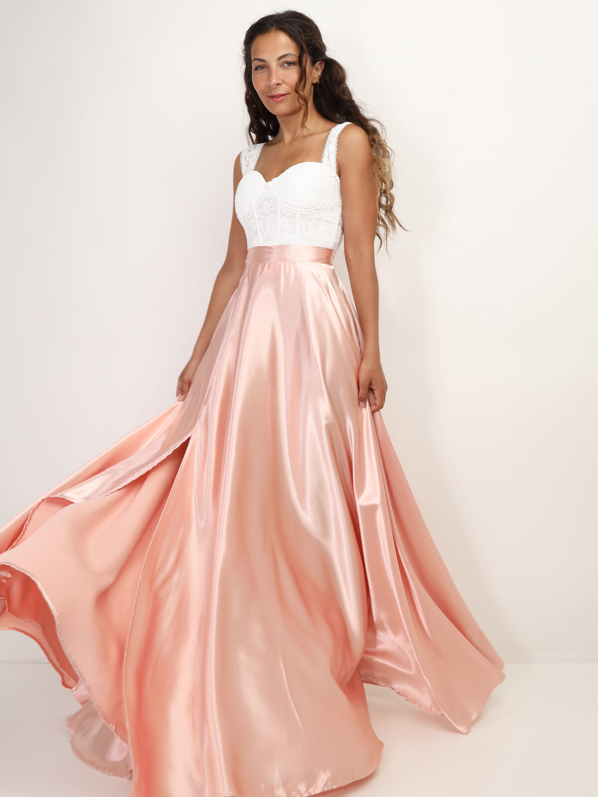 Jupe longue taille haute effet satiné- Rose