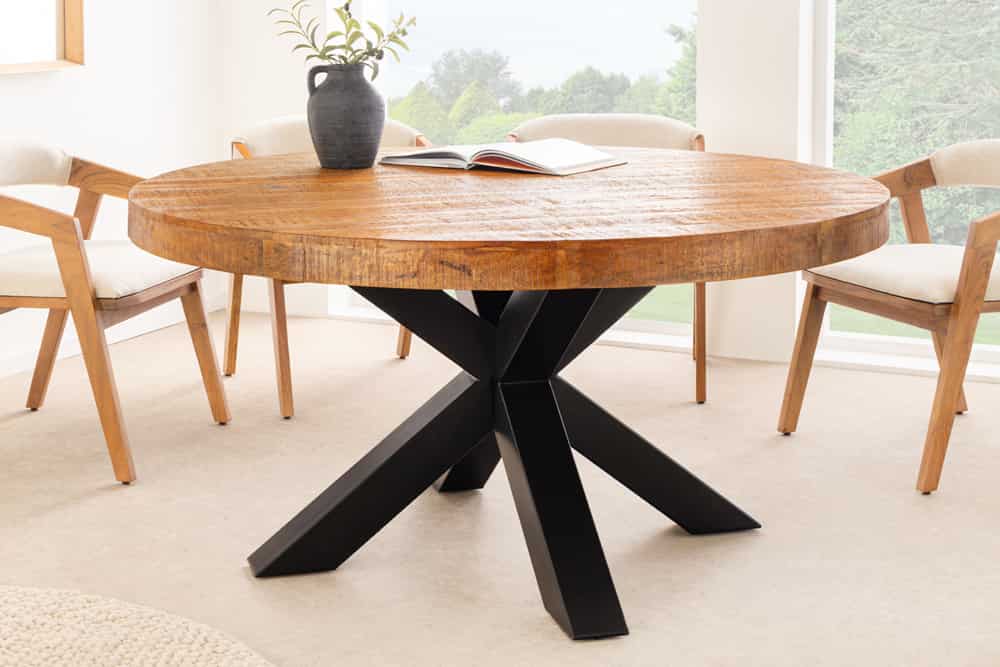 Runder Esstisch THOR 140cm natur massives Mangoholz schwarzes Metallgestell
