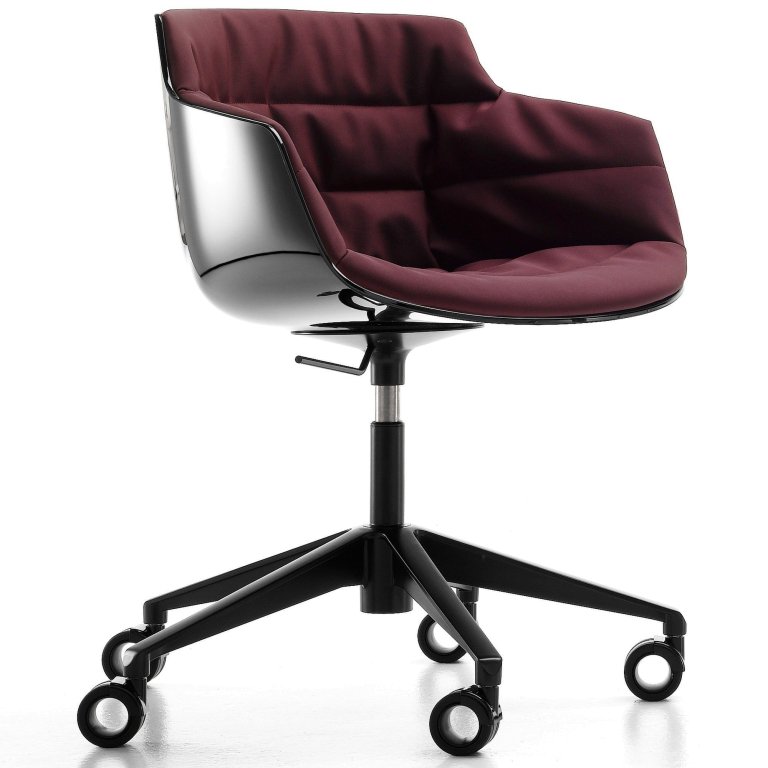 MDF Italia Flow Slim Chair gestoffeerde bureaustoel, grijs onderstel, zwarte kuip, Londra burgundy
