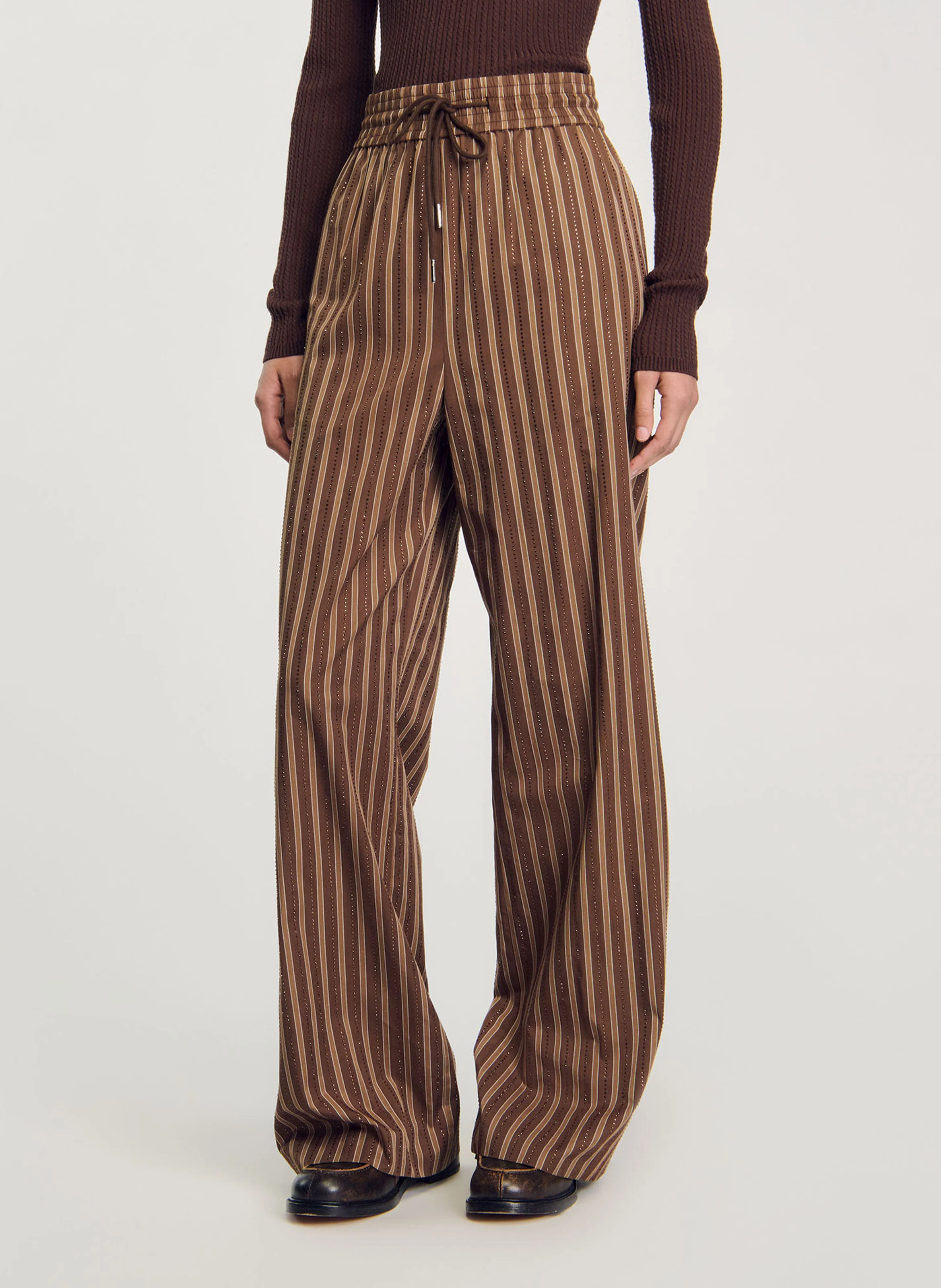 Pantalon large droit en coton rayé | Marron