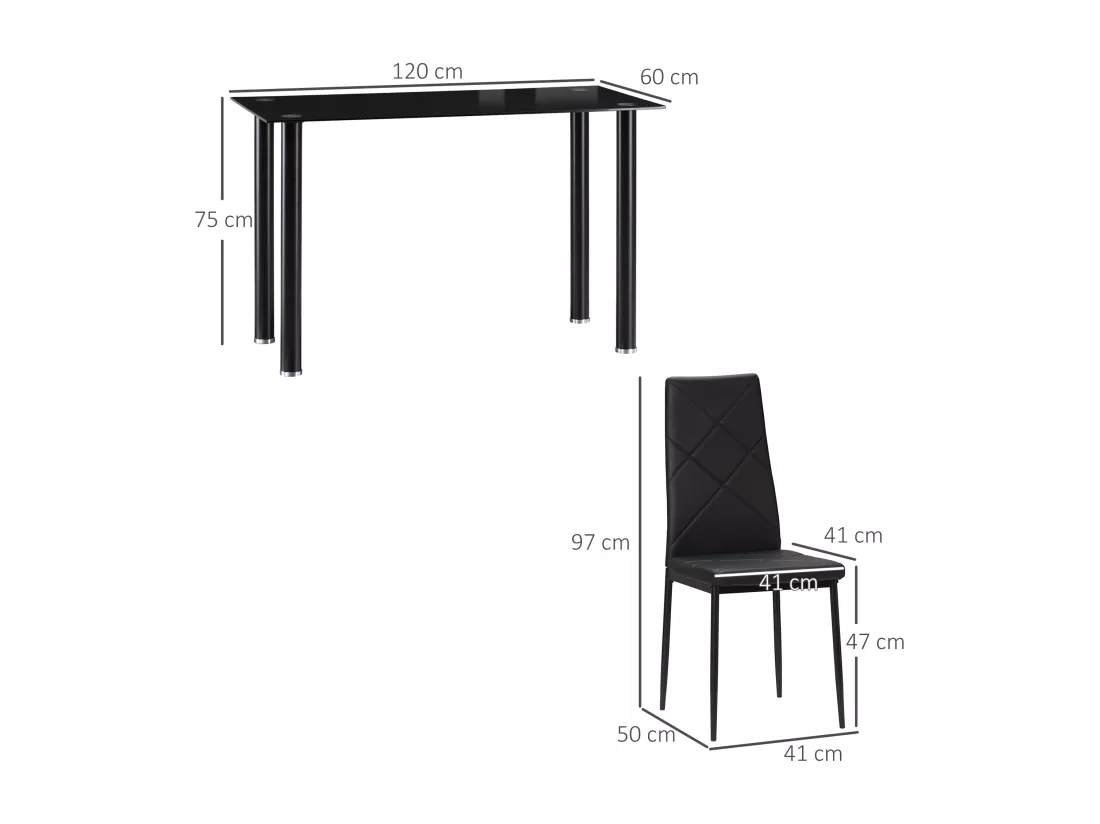 Table de salle à manger avec 4 chaises design contemporain Chesterfield acier plateau verre trempé PVC effet capitonné noir