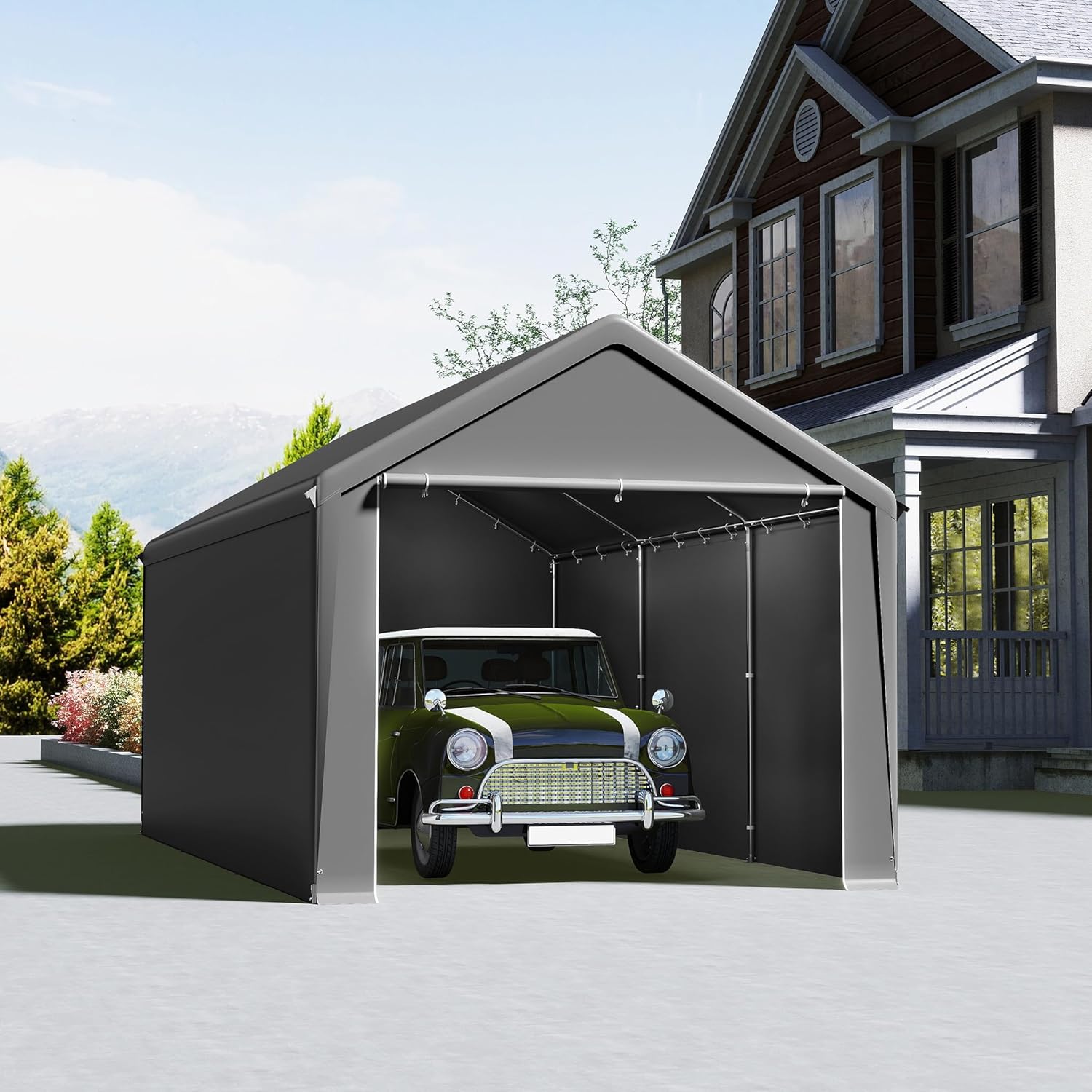 Aufun Carport Zeltgarage 3x6m, Wasserdichtes Lagerzelt mit PE-Dach, Reißenresistenter Garagenzelt mit abnehmbaren Seitenwänden, UV-beständig Winterfest Unterstand für Auto, SUV, LKW, Boot, Grau